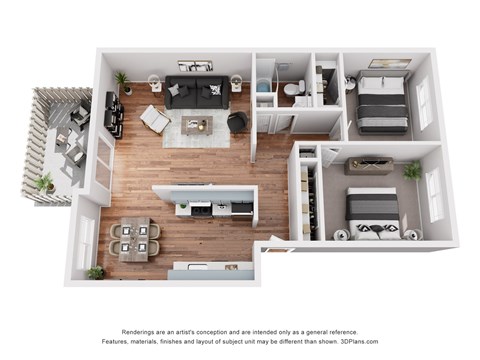 A 3D floor plan of a modern apartment with a living room, kitchen, and bedrooms.